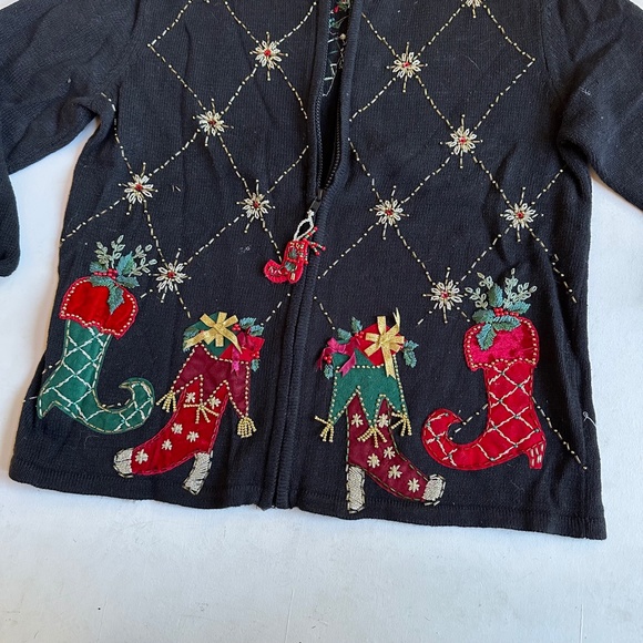 Vintage Christmas Stocking Boot Beaded Cardigan Sweater - Picture 2 of 6